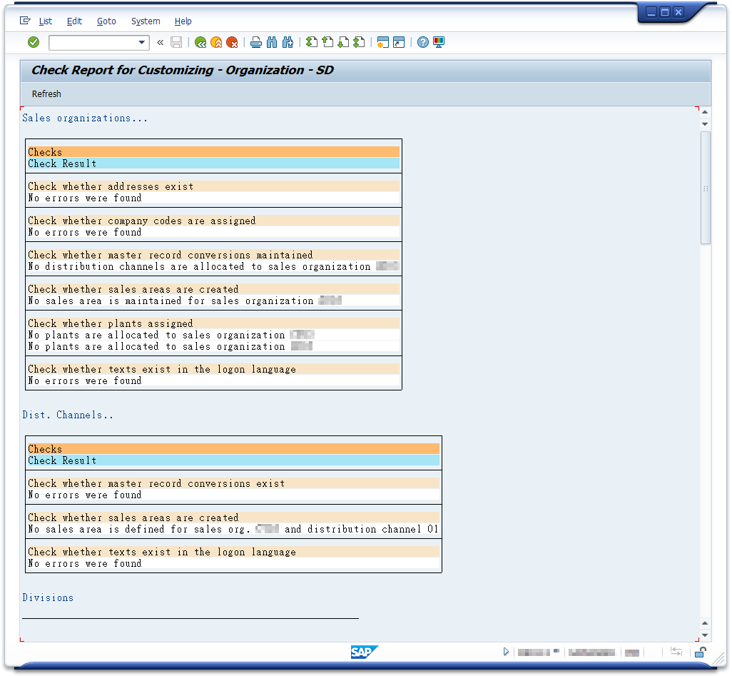 SAP SD Organization Structure Consistency Check Report Results