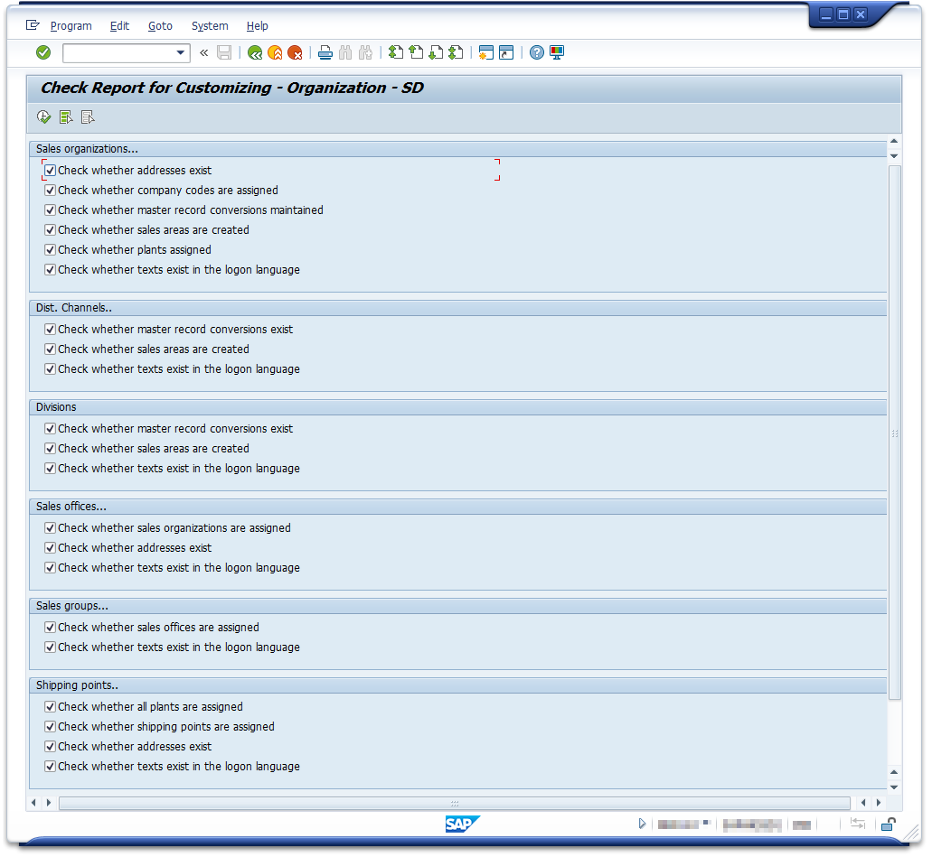 SAP SD Organization Structure Consistency Check Report Selection Screen