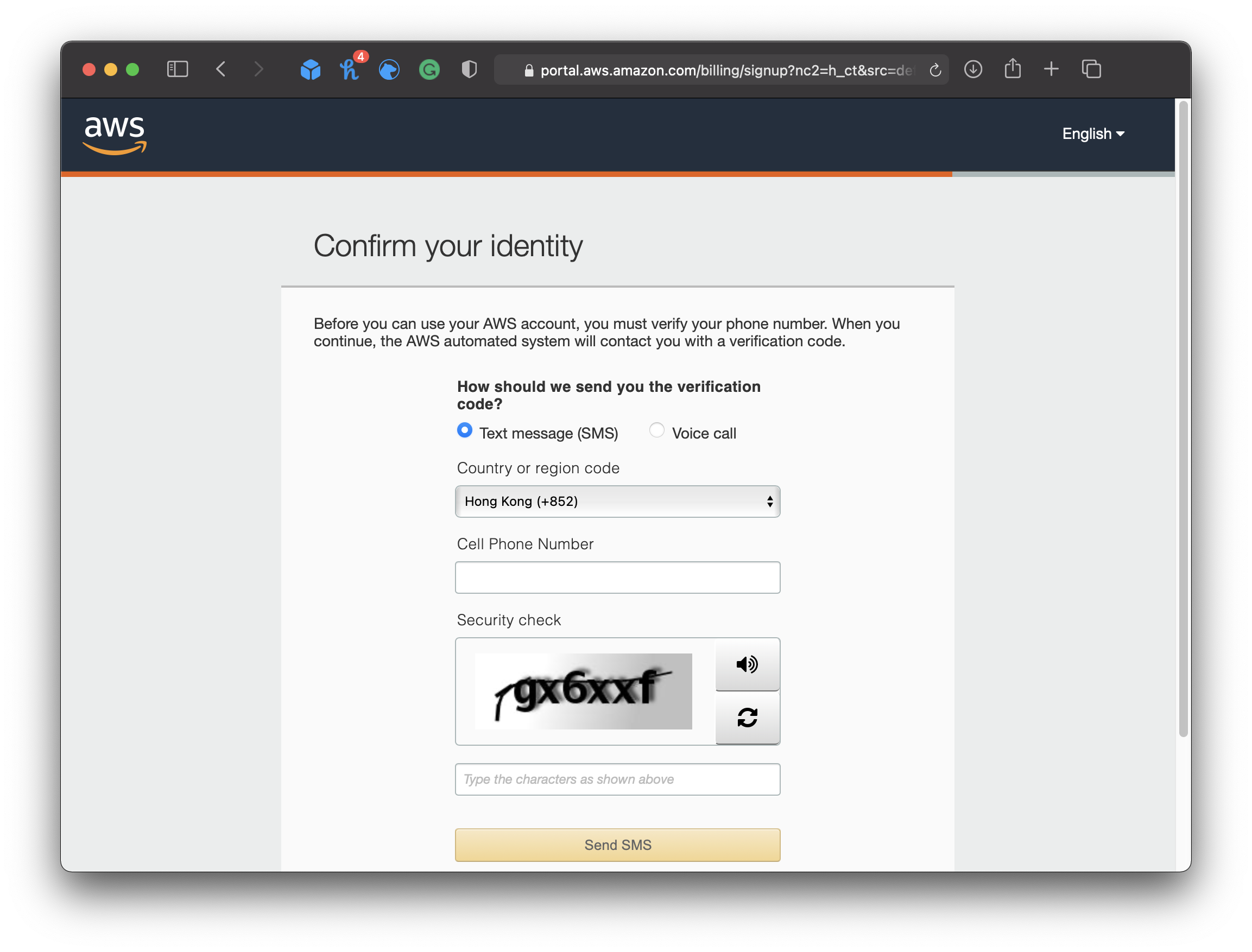 Amazon AWS Confirm Identity Form