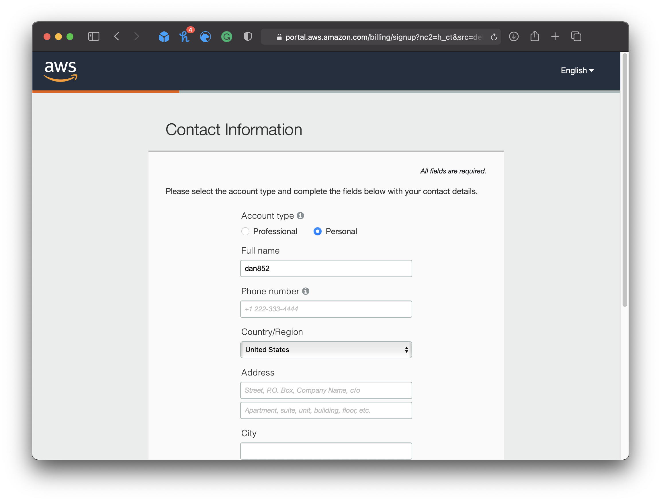 Amazon AWS Contact Information Form