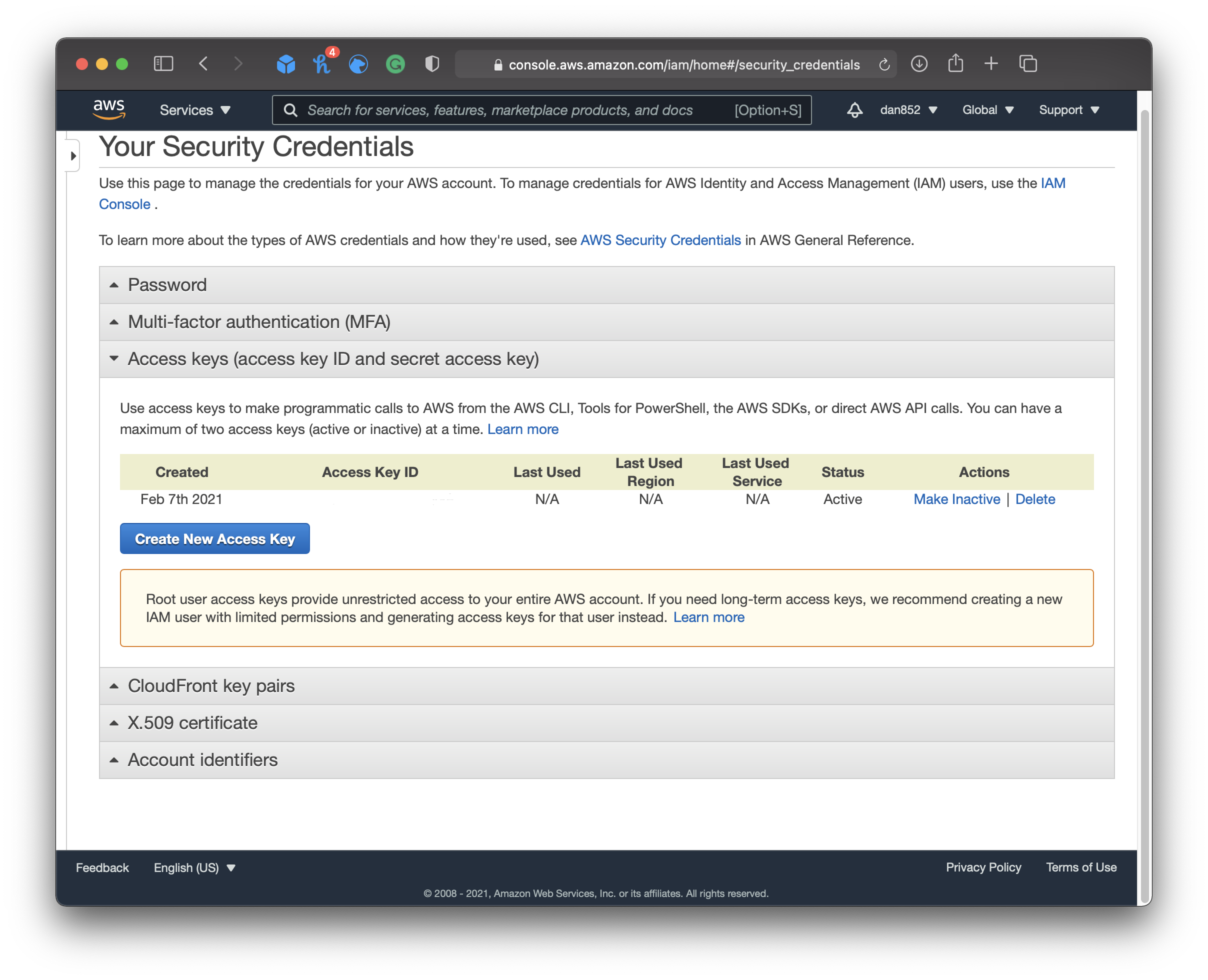 Amazon AWS Create New Access Key