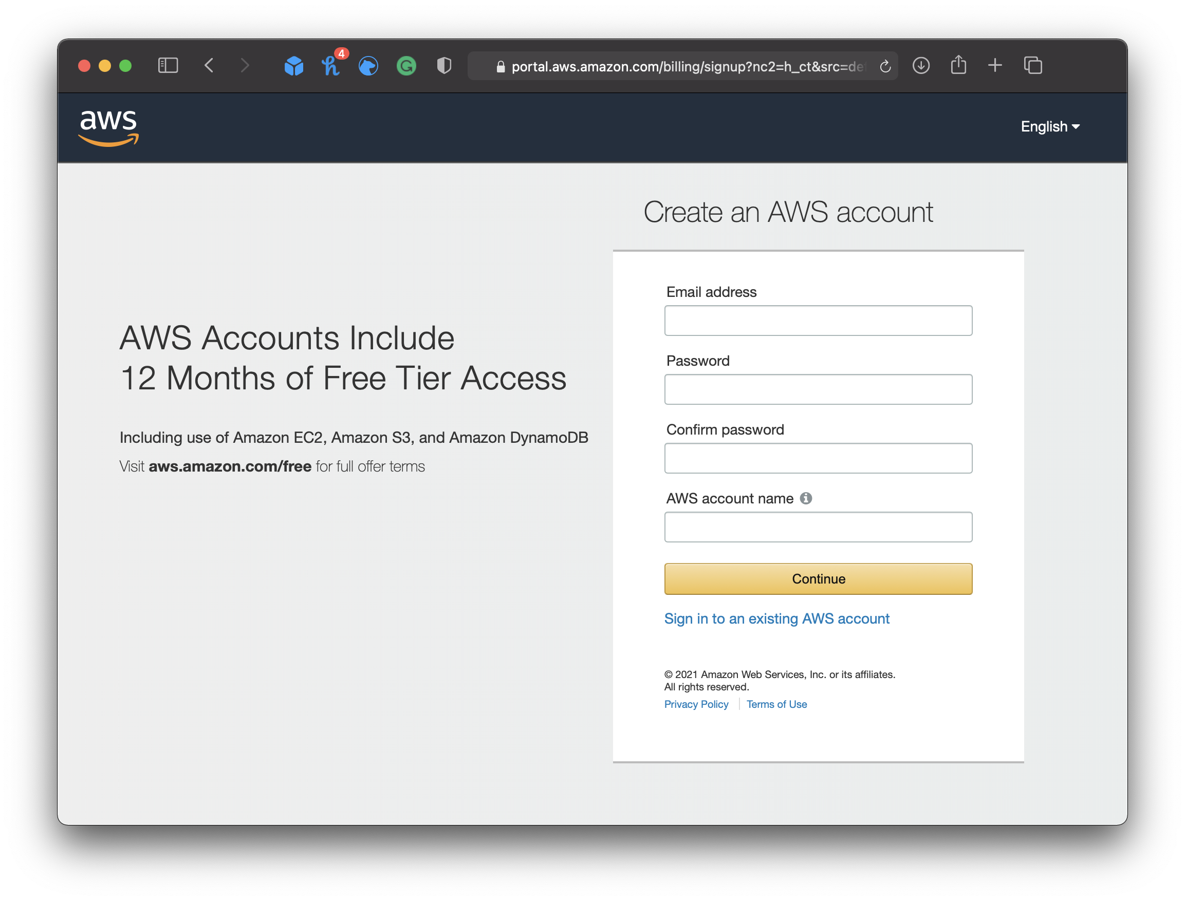 Amazon AWS Sign Up Form