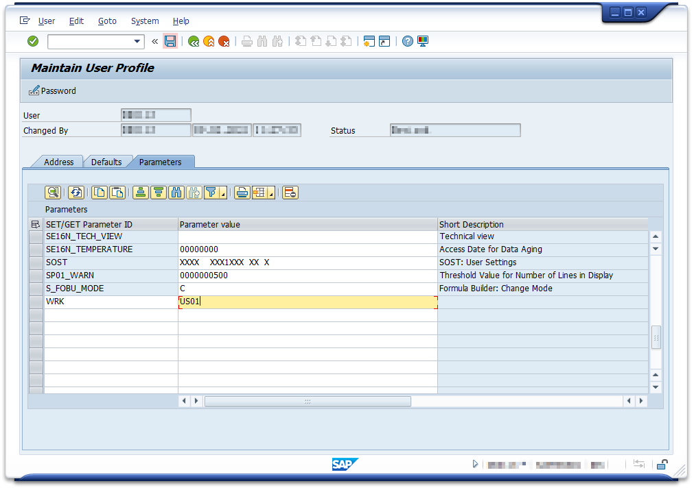 SAP Transaction SU3 Maintain Parameter