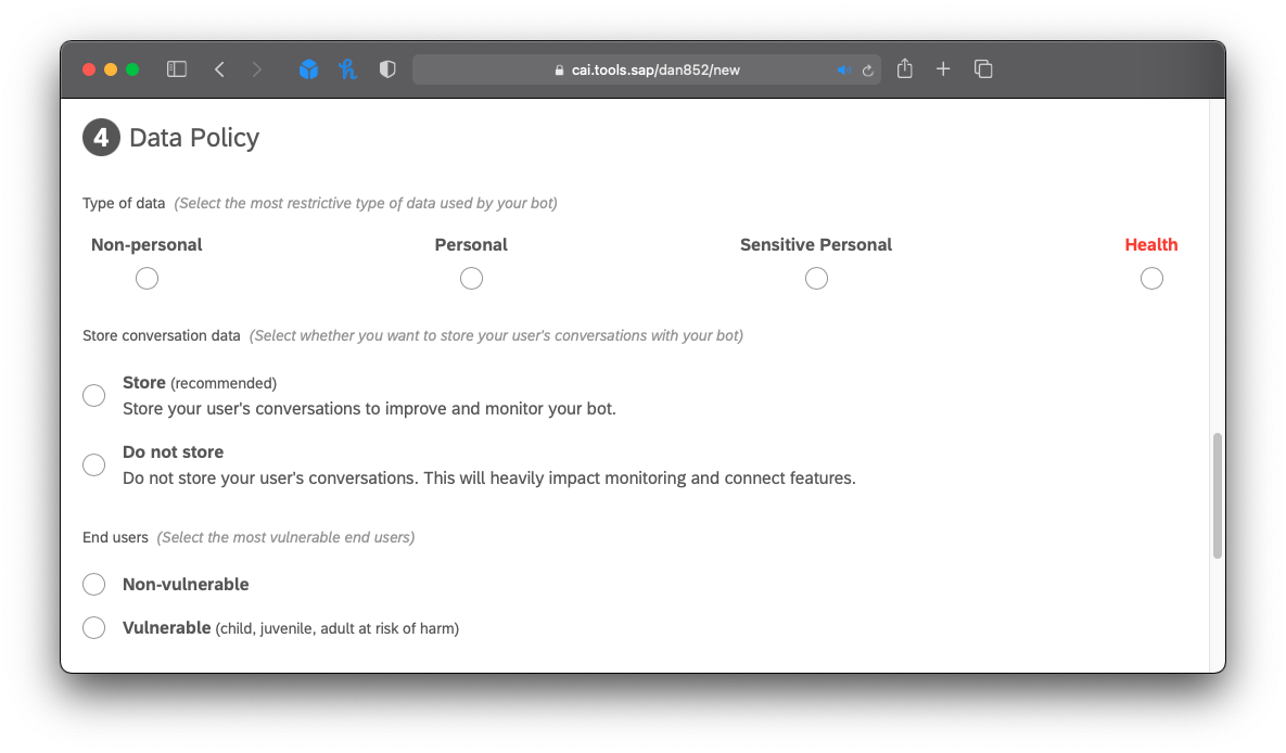 Choose a data policy for your SAP Chatbot