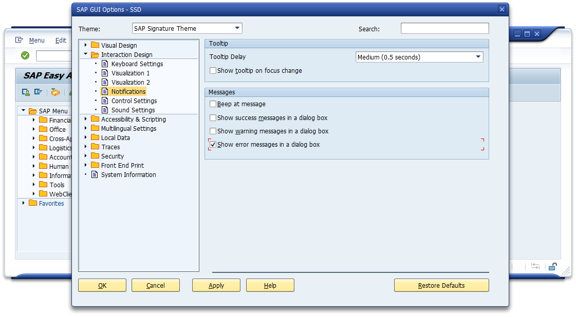 SAP GUI Open Options Notification